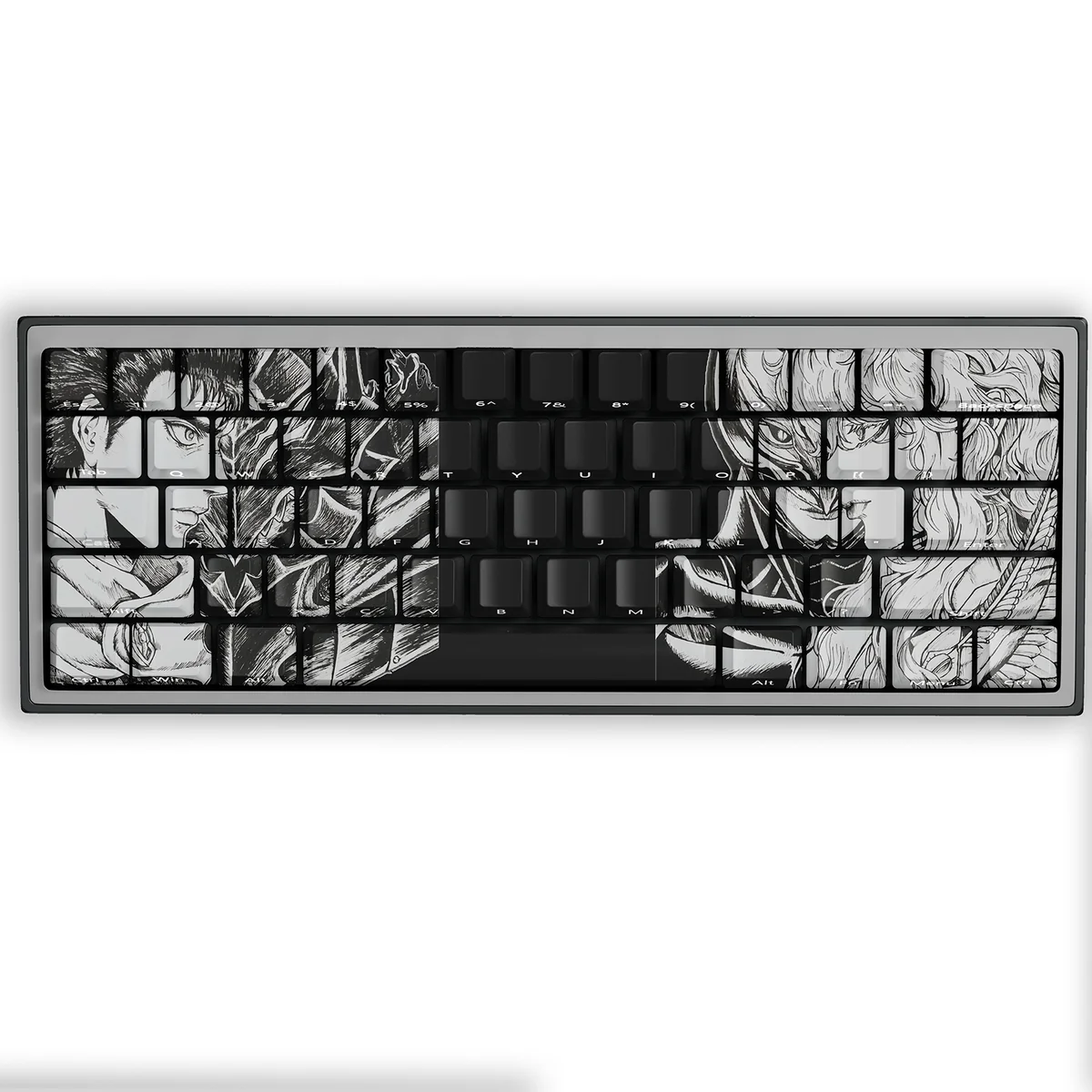 Overview of the full Berserk keycap set layout, showcasing various iconic characters