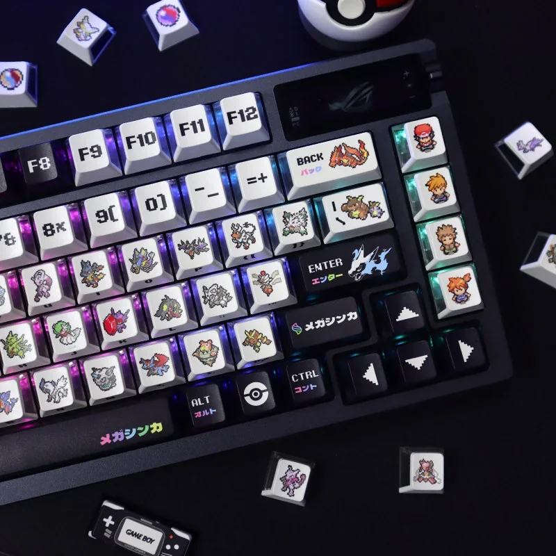 Full view of a keyboard featuring the Pokemon Mega Pixel RGB translucent keycap set in a gaming setup