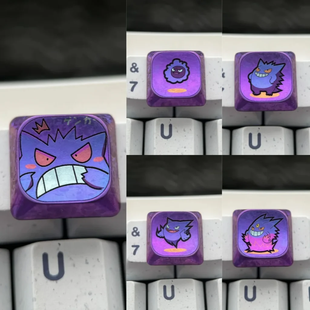 Mischievous Gengar titanium keycap on a mechanical keyboard, low profile design