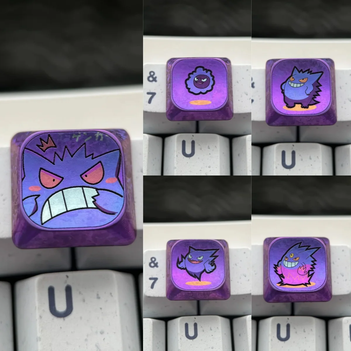 Mischievous Gengar titanium keycap on a mechanical keyboard, low profile design