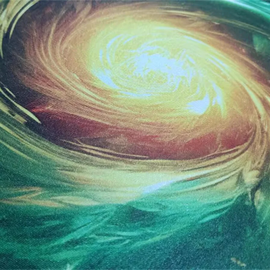Close-up of the Gold Green Vortex Mouse Pad surface, highlighting the waterproof texture and detailed pattern.