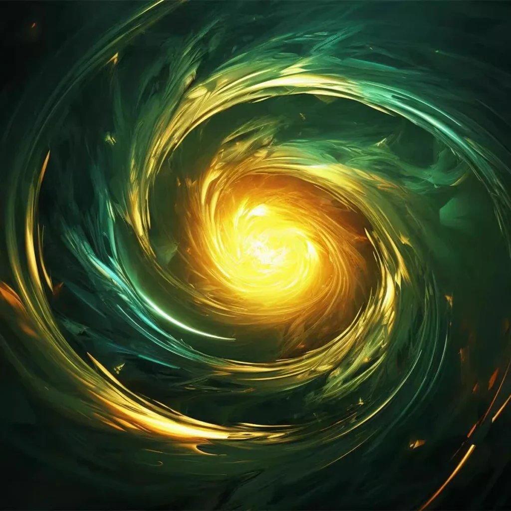 Gold Green Vortex Mouse Pad on a desk with a keyboard and mouse, showing its vibrant swirling design.