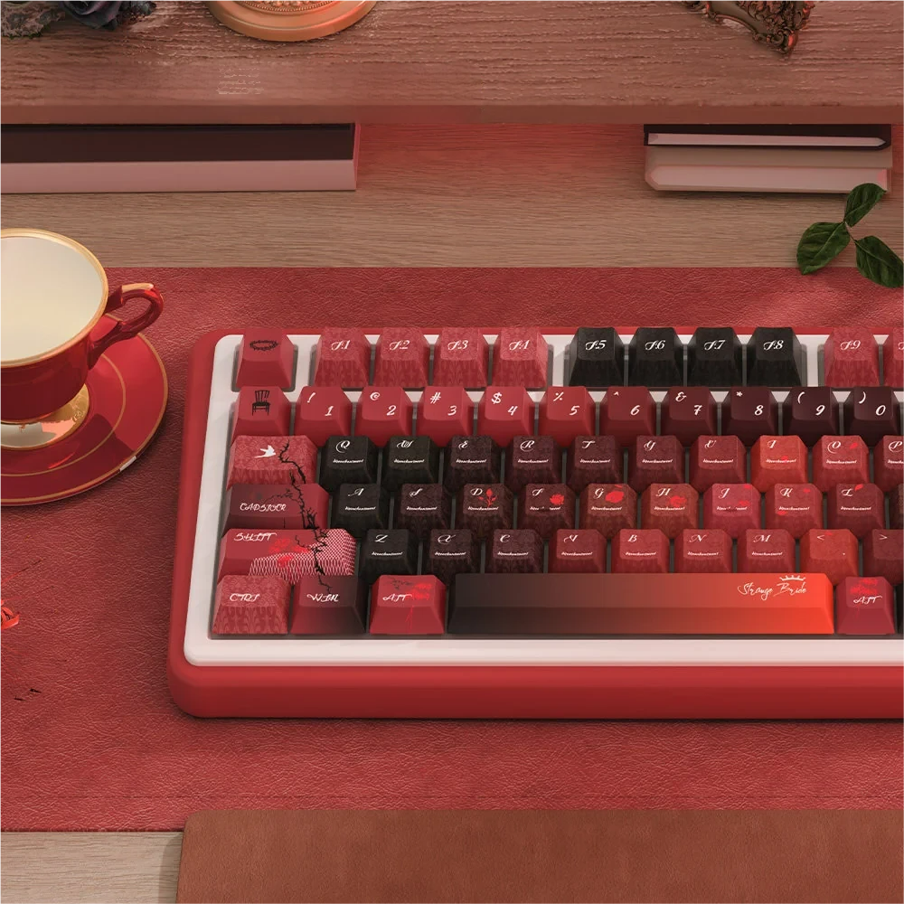 Grotesque Bride keycap set integrated into a gothic-themed desk setup, with ambient lighting.