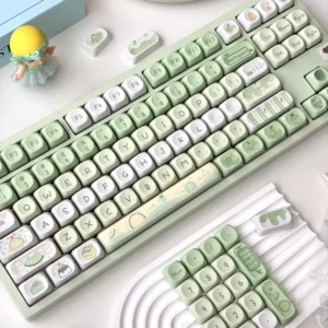 Close-up of PBT Honeydew Keycaps showing spherical MOA profile and crisp legends