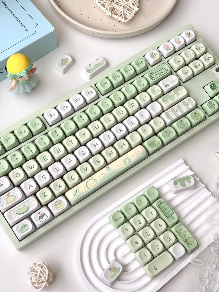 Close-up of PBT Honeydew Keycaps showing spherical MOA profile and crisp legends