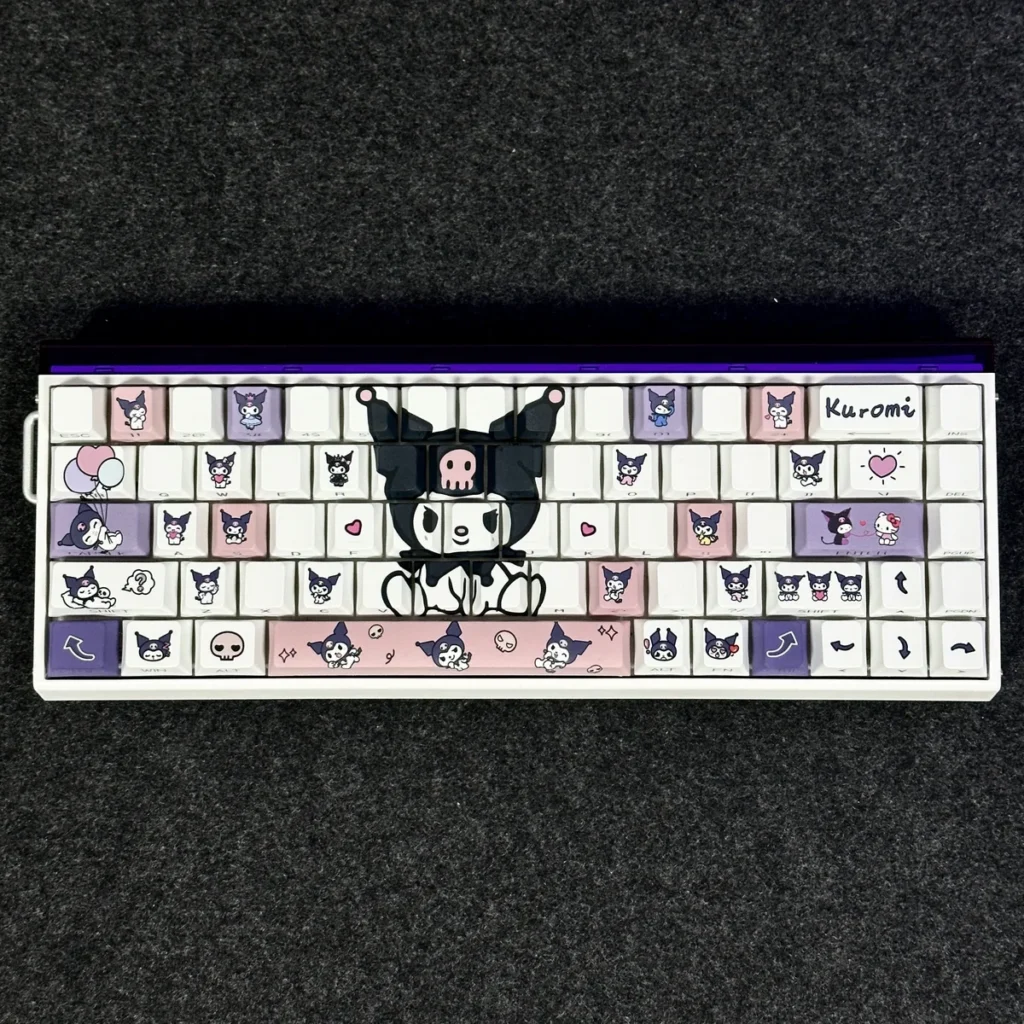 Exclusive Kuromi Keycap Set with side-engraved backlit legends on a mechanical keyboard
