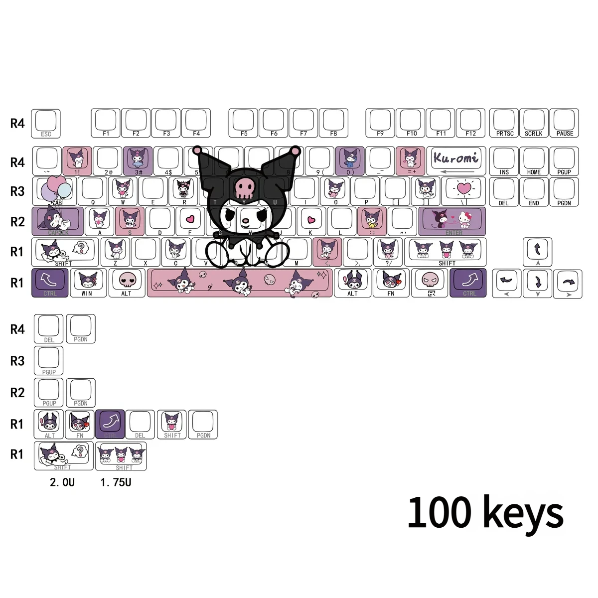 Collection of Kuromi Keycaps, showcasing various key sizes and the complete set