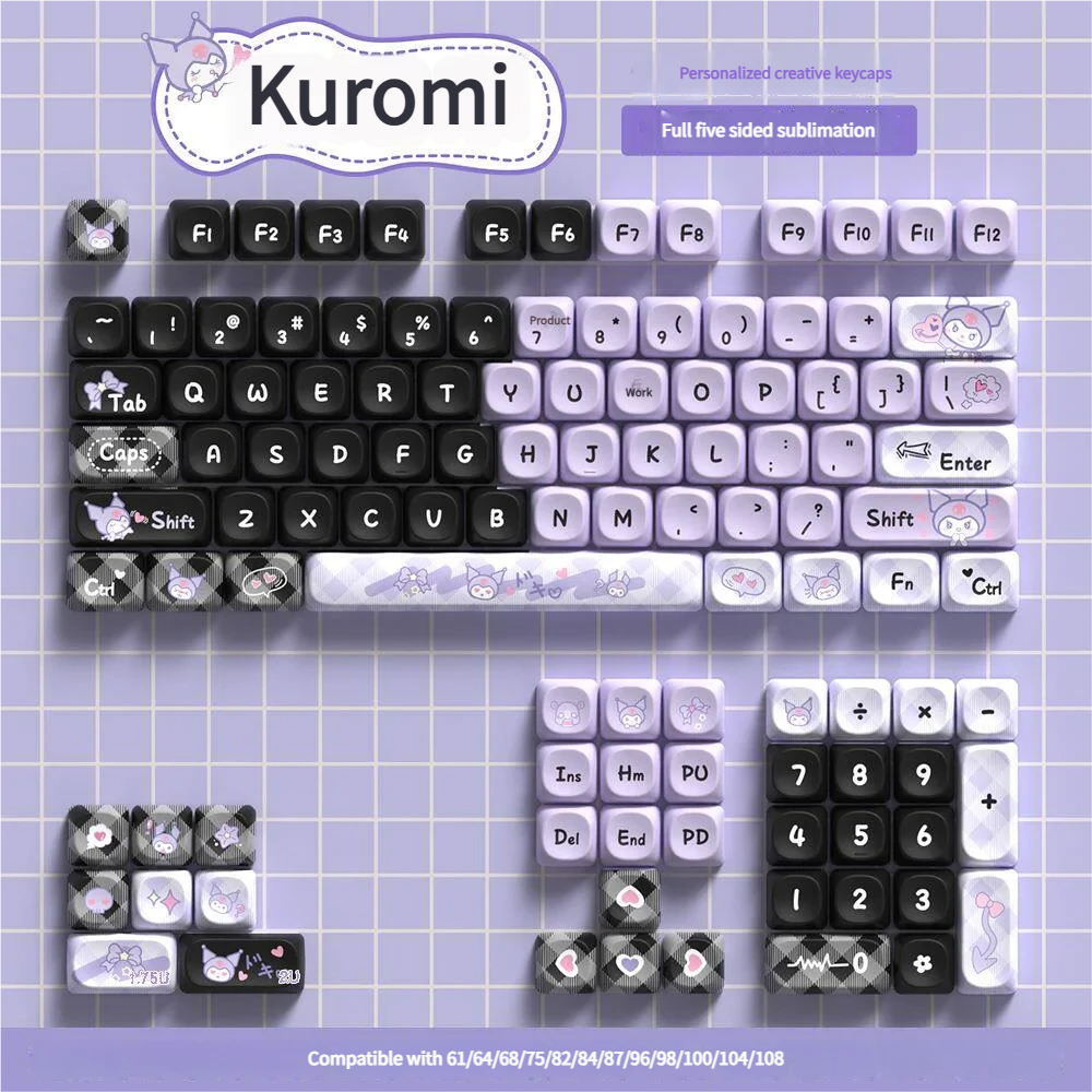Close-up of Kuromi-themed PBT keycaps, highlighting dye-sublimated details and MOA profile.