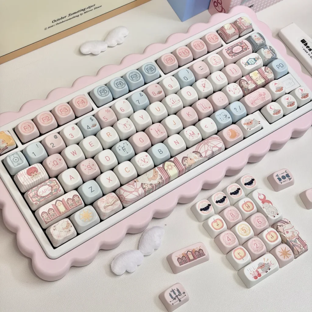 Little Lamb PBT MOA Keycap Set on a white mechanical keyboard, showcasing whimsical lamb and dessert designs.