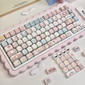 Little Lamb PBT MOA Keycap Set on a white mechanical keyboard, showcasing whimsical lamb and dessert designs.