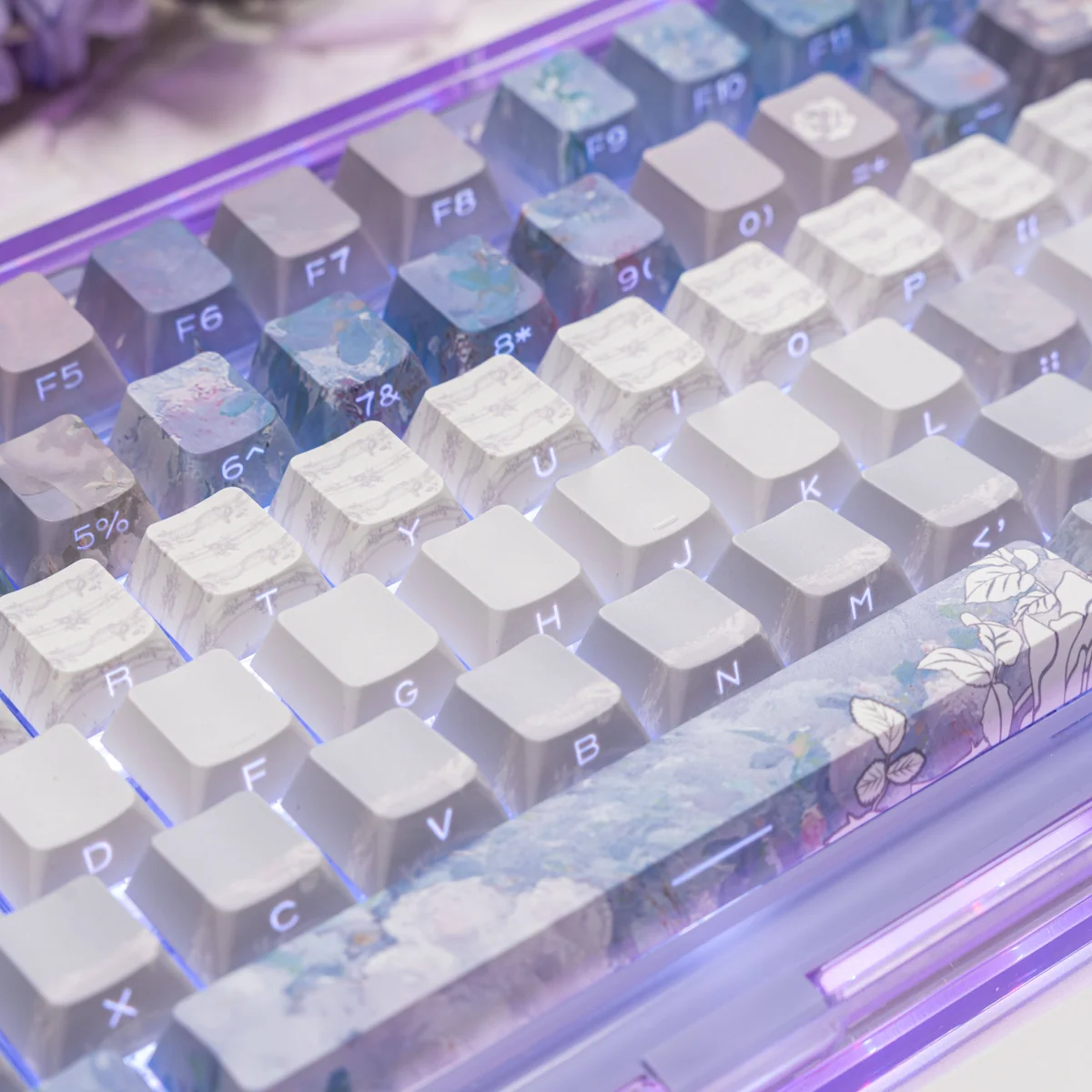 Close-up of Lost Garden Cherry Profile keycaps, highlighting dye-sublimated legends