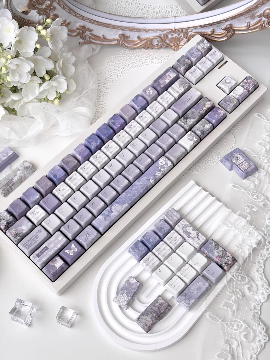 Overhead shot of Lost Garden botanical keycaps arranged on a deskmat