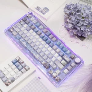 Detailed texture of PBT keycaps from the Lost Garden set, showcasing matte finish