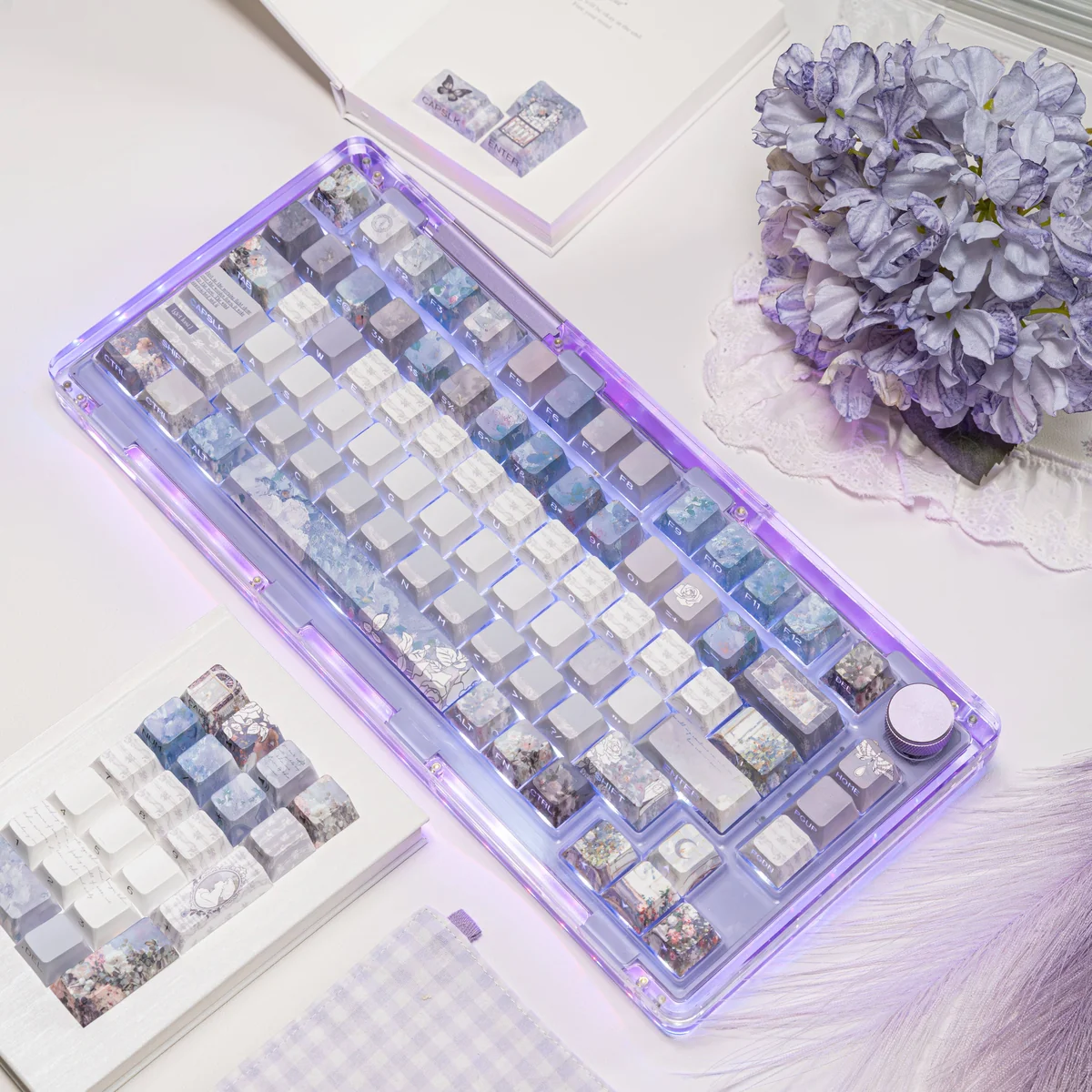 Detailed texture of PBT keycaps from the Lost Garden set, showcasing matte finish