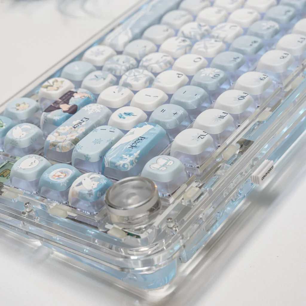 Full layout view of the Zayne Love Deepspace keycap set installed on a keyboard with subtle backlighting