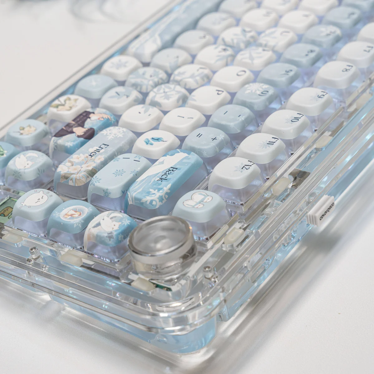 Full layout view of the Zayne Love Deepspace keycap set installed on a keyboard with subtle backlighting