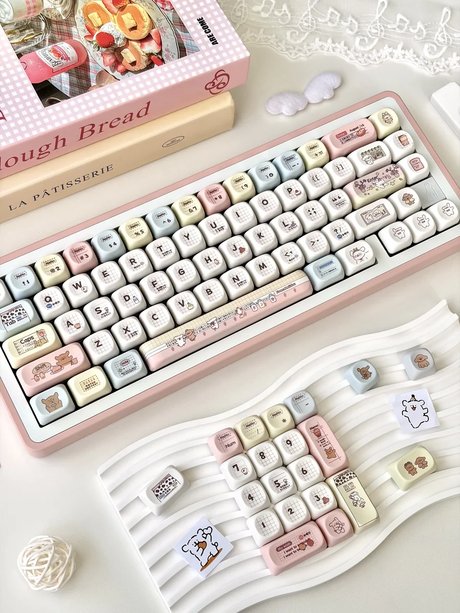 Close-up of Maltese Dog keycaps showcasing MOA profile and PBT texture with cute line-art