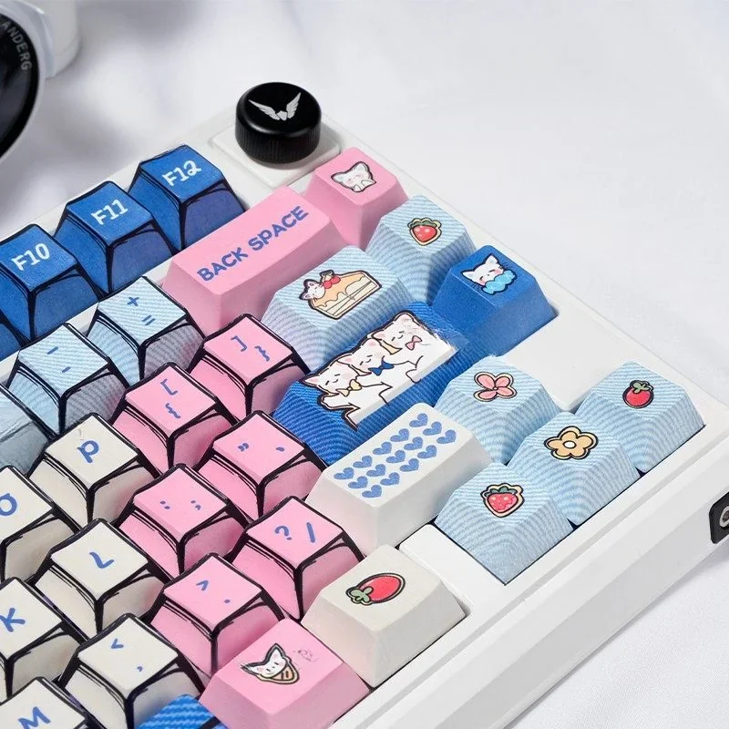 Close-up of adorable manga kitten keycaps showing PBT texture and dye-sub legends
