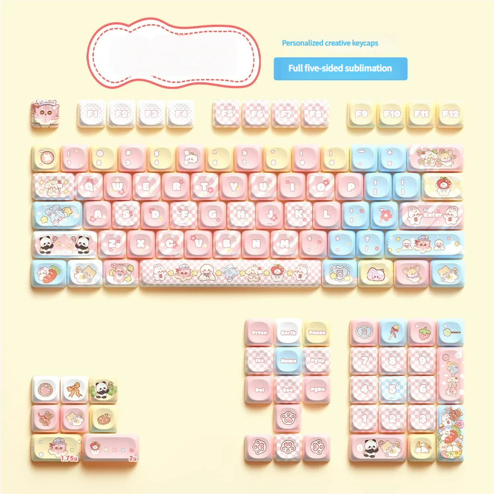 Close-up of MOA profile keycaps with vibrant arcade prize designs