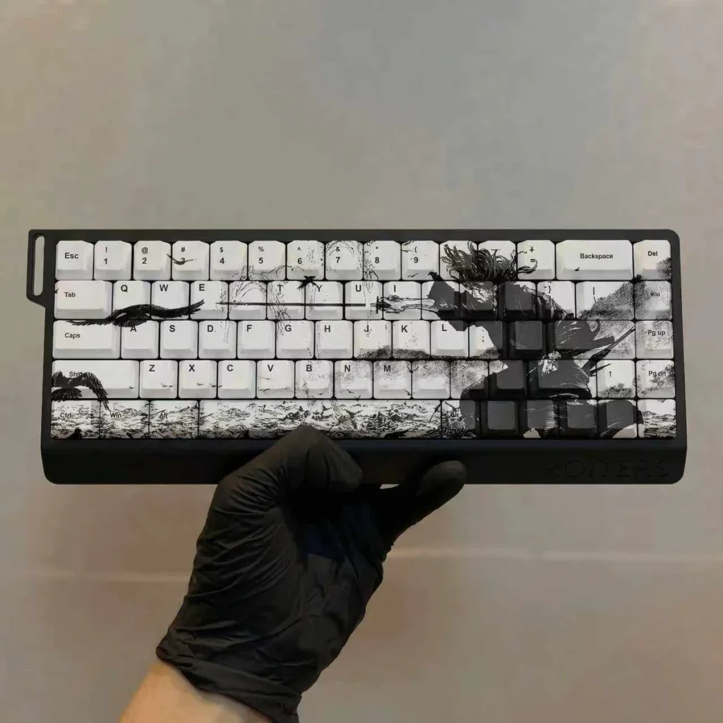 Samurai Ronin PBT keycaps arranged on a keyboard, illustrating layout compatibility and aesthetic.