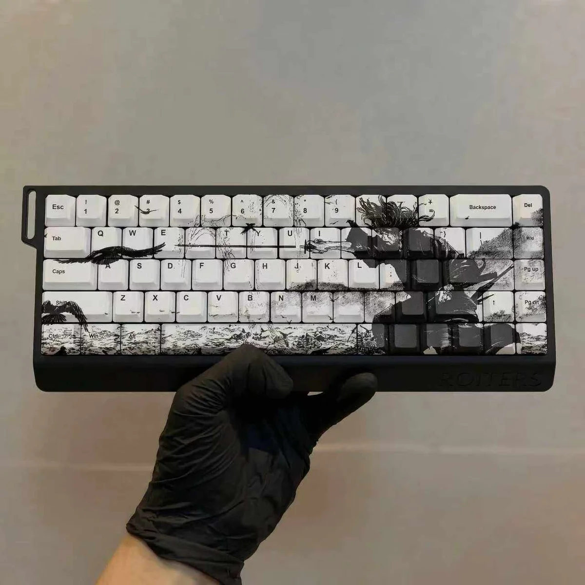 Samurai Ronin PBT keycaps arranged on a keyboard, illustrating layout compatibility and aesthetic.