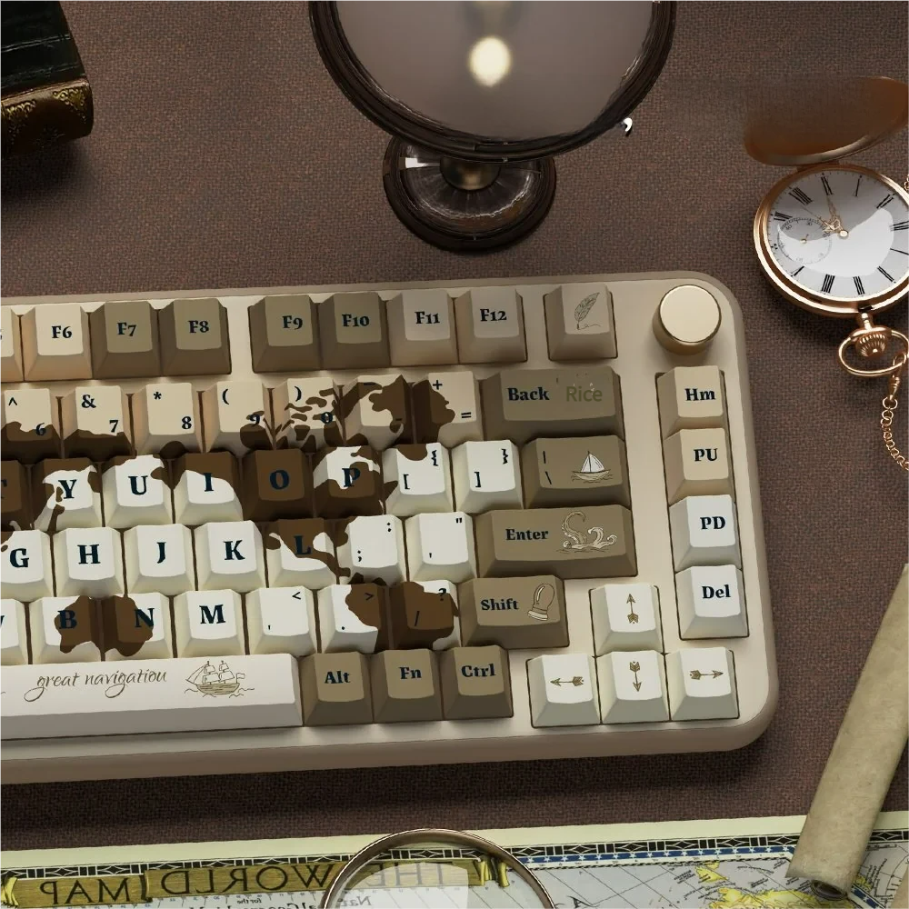 Old World Explorer keycap set installed on a dark keyboard case