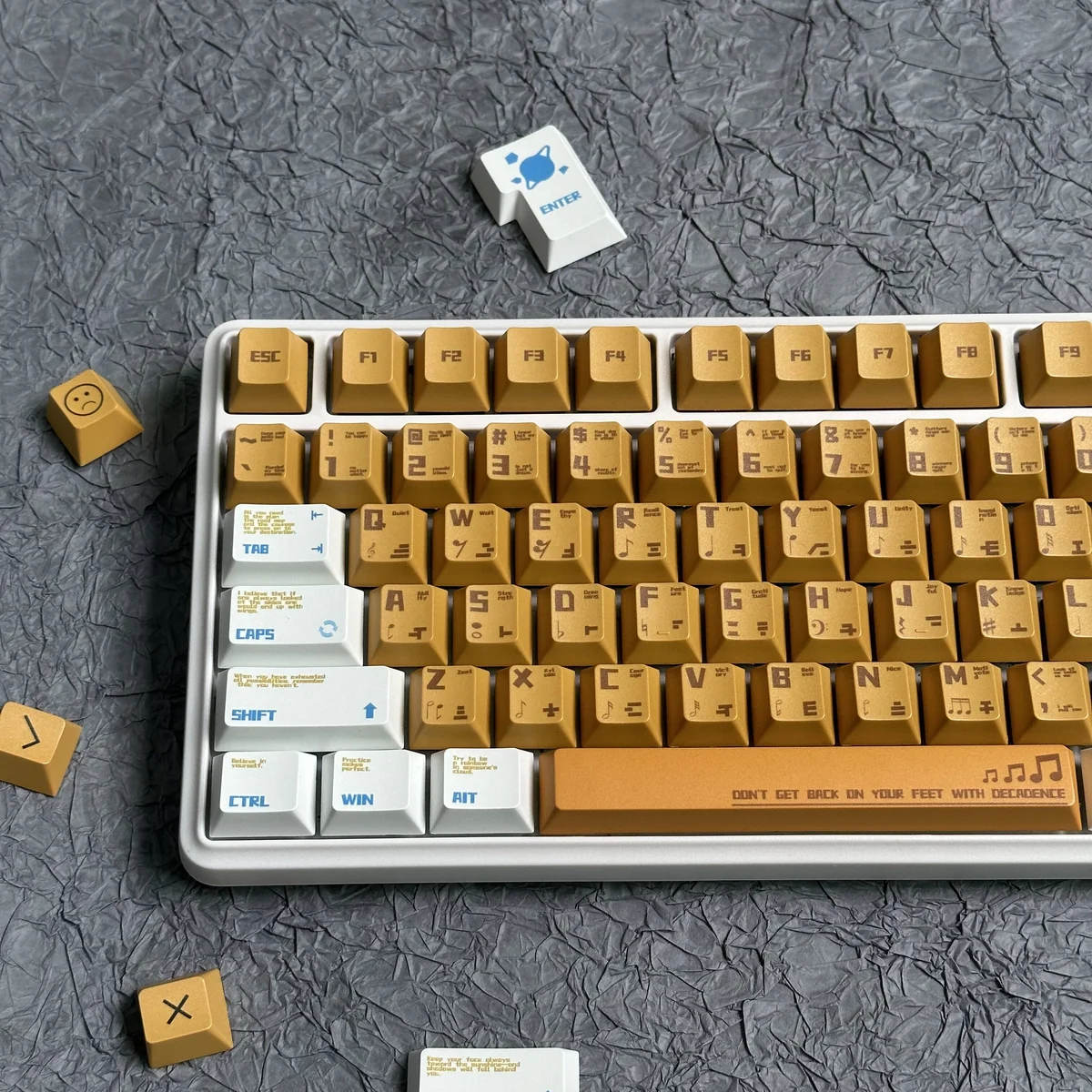 Close-up of dye-sublimated legends on orange PBT keycaps