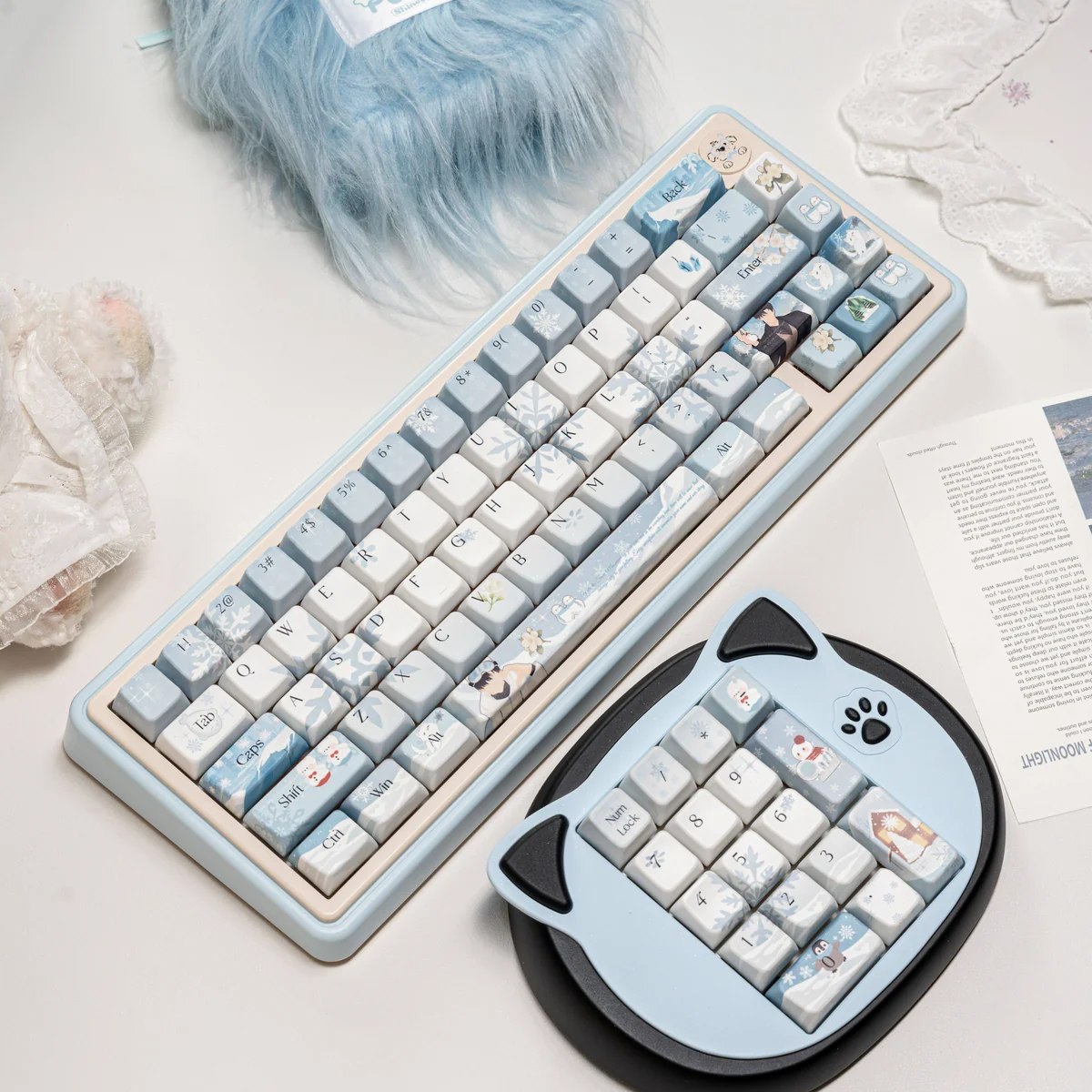 Detailed shot of PBT keycap texture and dye-sublimated legends of the Zayne Winter Series