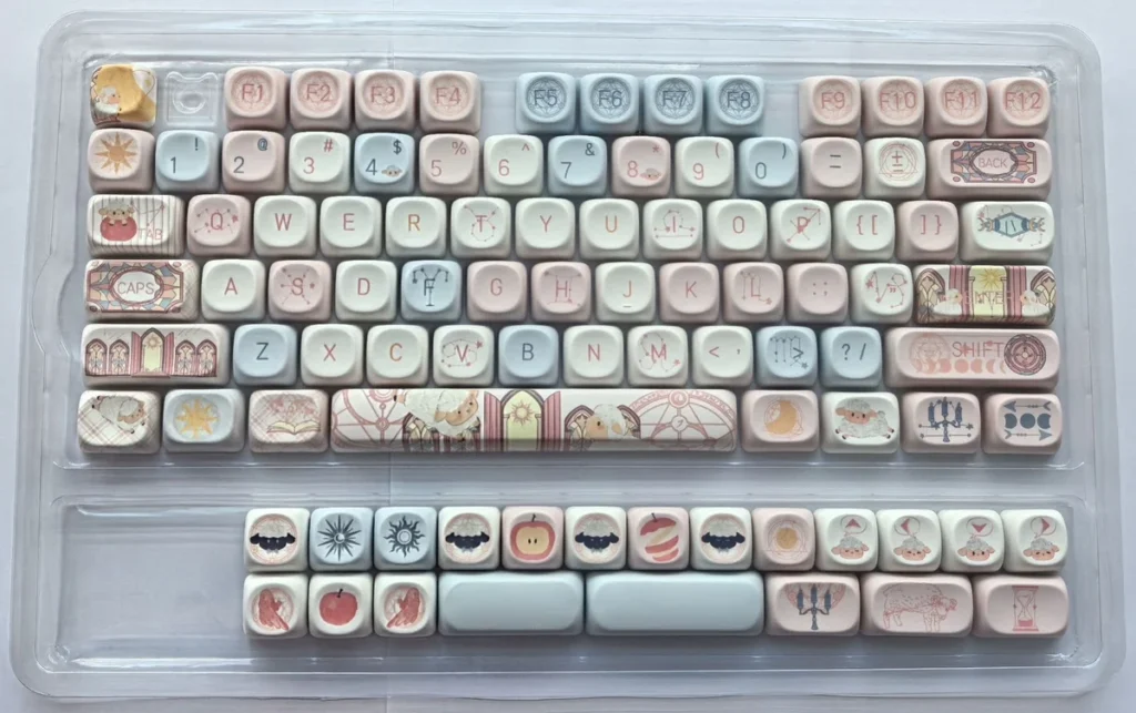 Detail shot of PBT material texture and fade-resistant legends from the Little Lamb MOA Keycap Set.