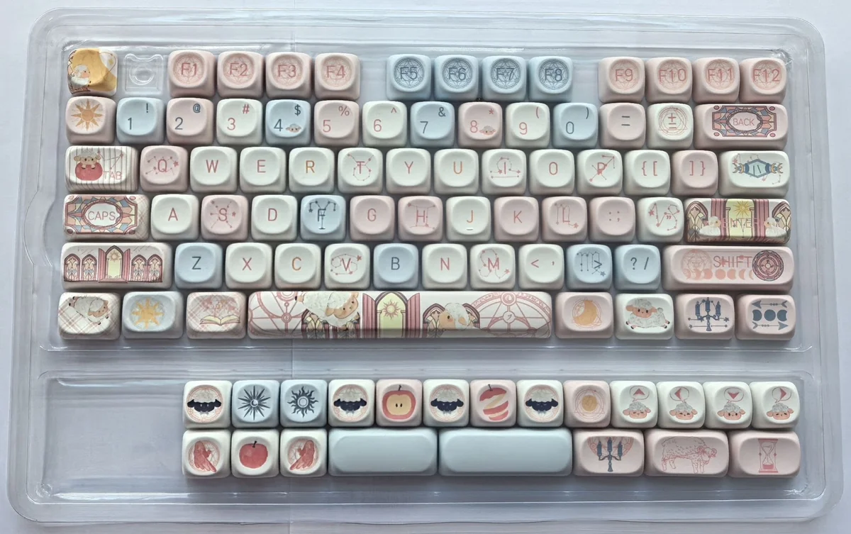 Detail shot of PBT material texture and fade-resistant legends from the Little Lamb MOA Keycap Set.
