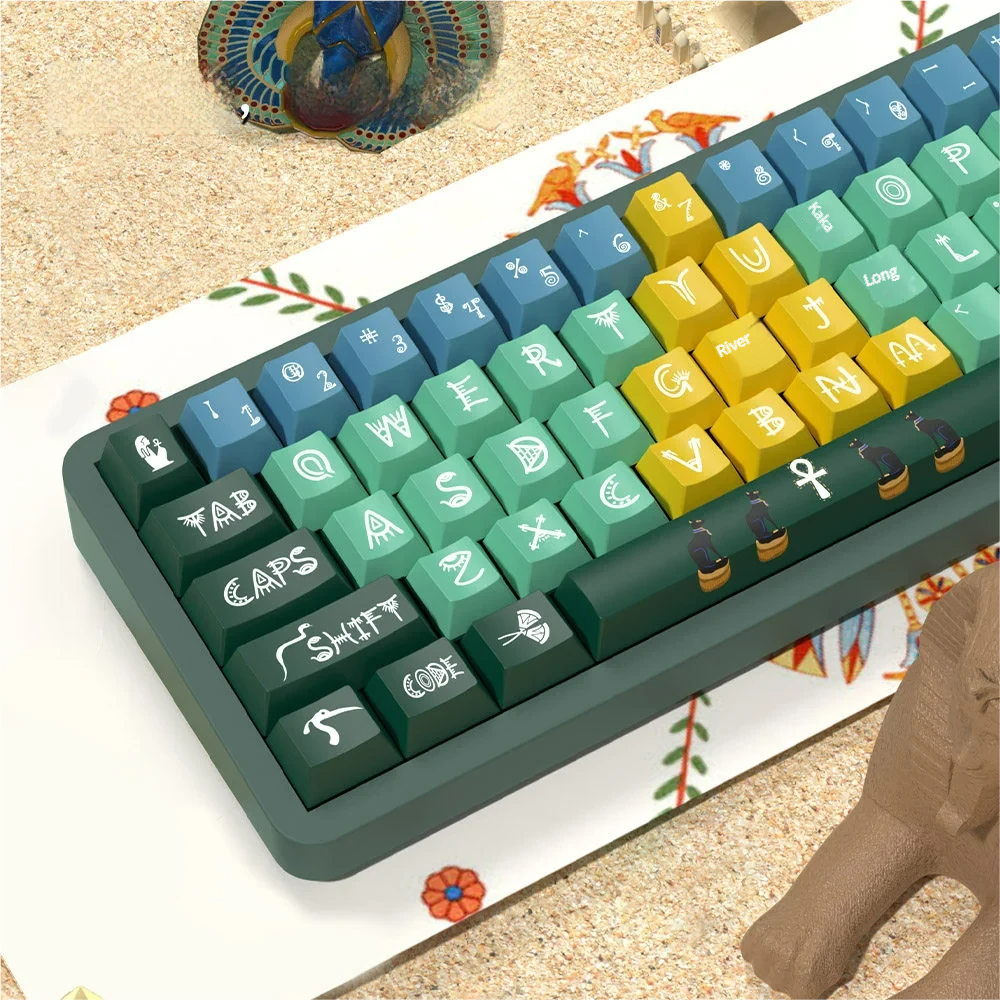 Close-up of keycaps with intricate hieroglyphs and Egyptian symbols