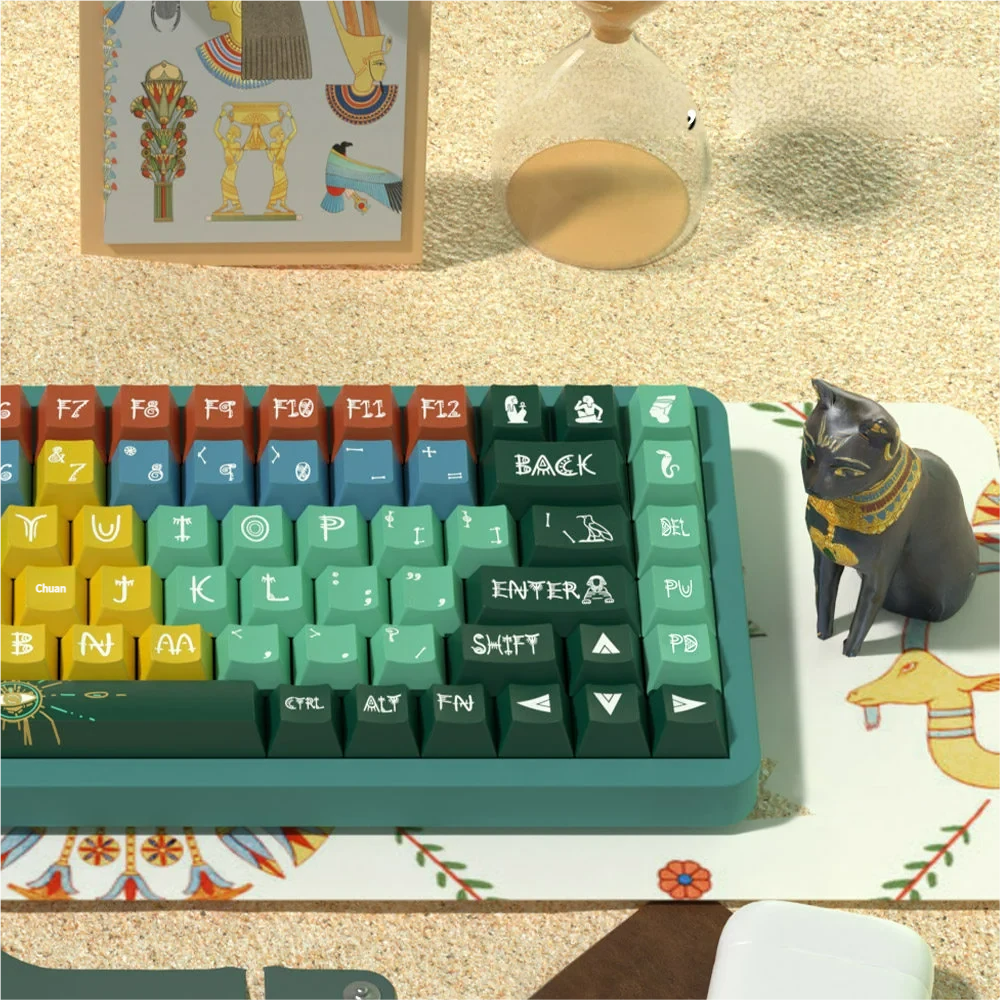 Pharaoh themed keycap set mounted on a dark mechanical keyboard