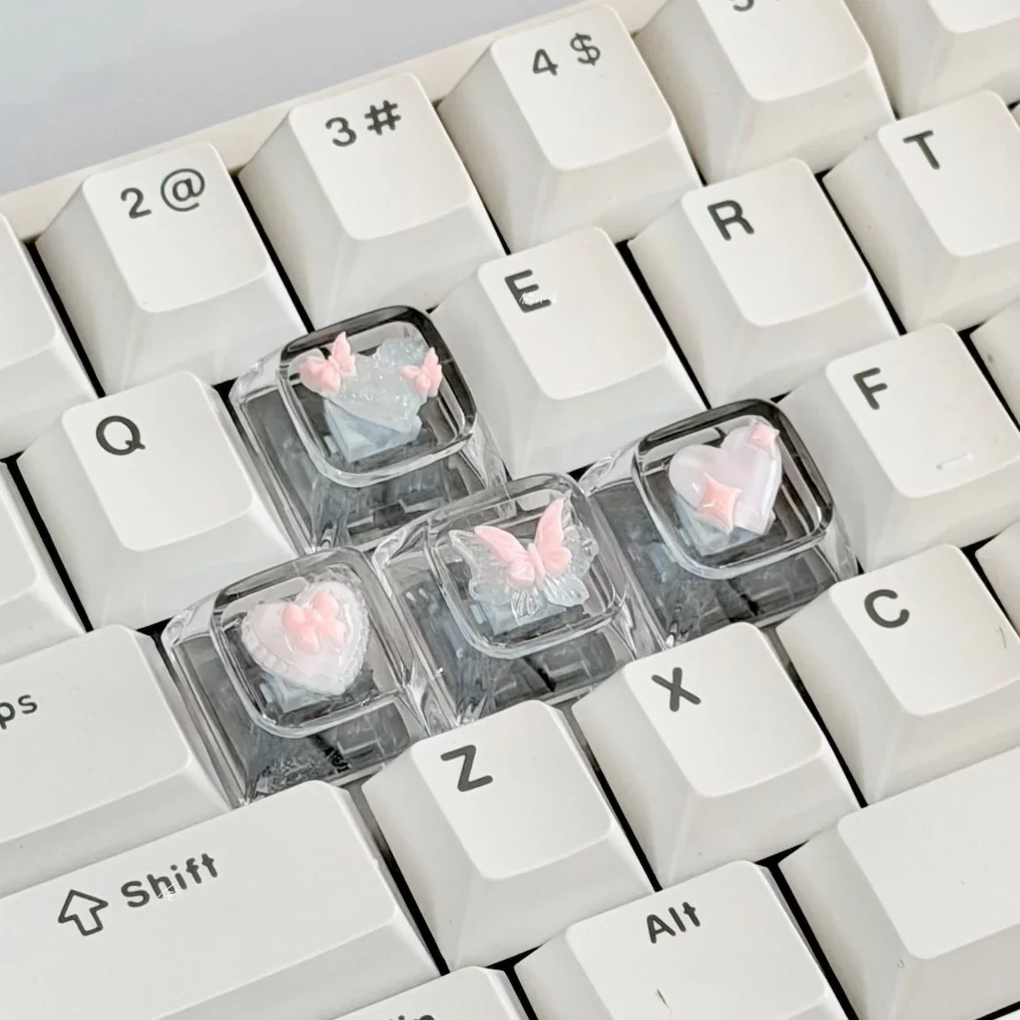 Pink Butterfly Heart Wasd Keycap Set Resin 3d Transparent product image