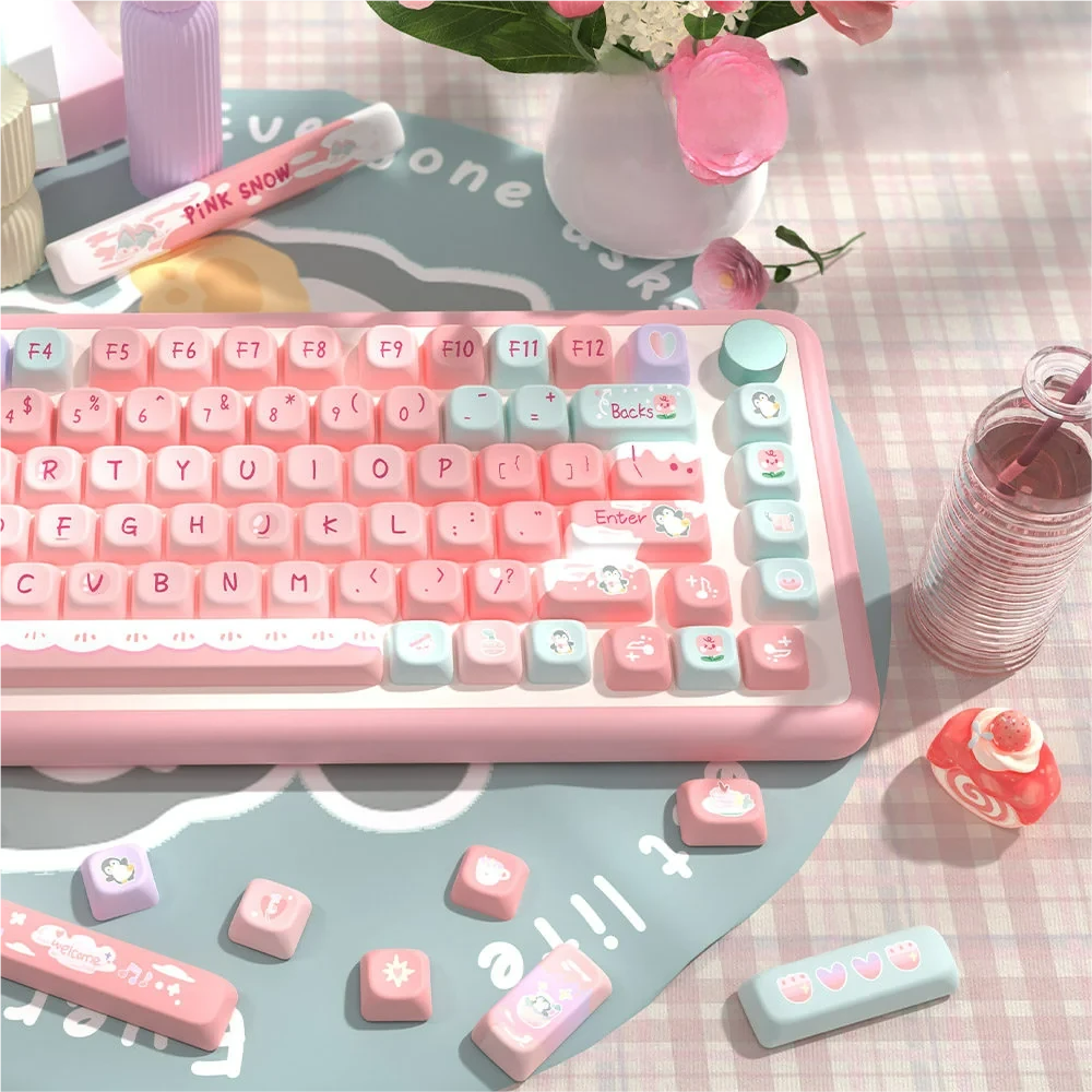 Detailed view of Pink Glacier keycap legends, demonstrating the fade-resistant quality of PBT dye-sublimation technology.