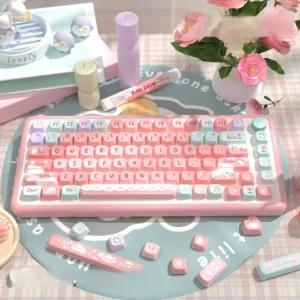 Pink Glacier PBT Dye-Sub Keycap Set on a full-size mechanical keyboard, showcasing the ethereal pastel glacial theme.