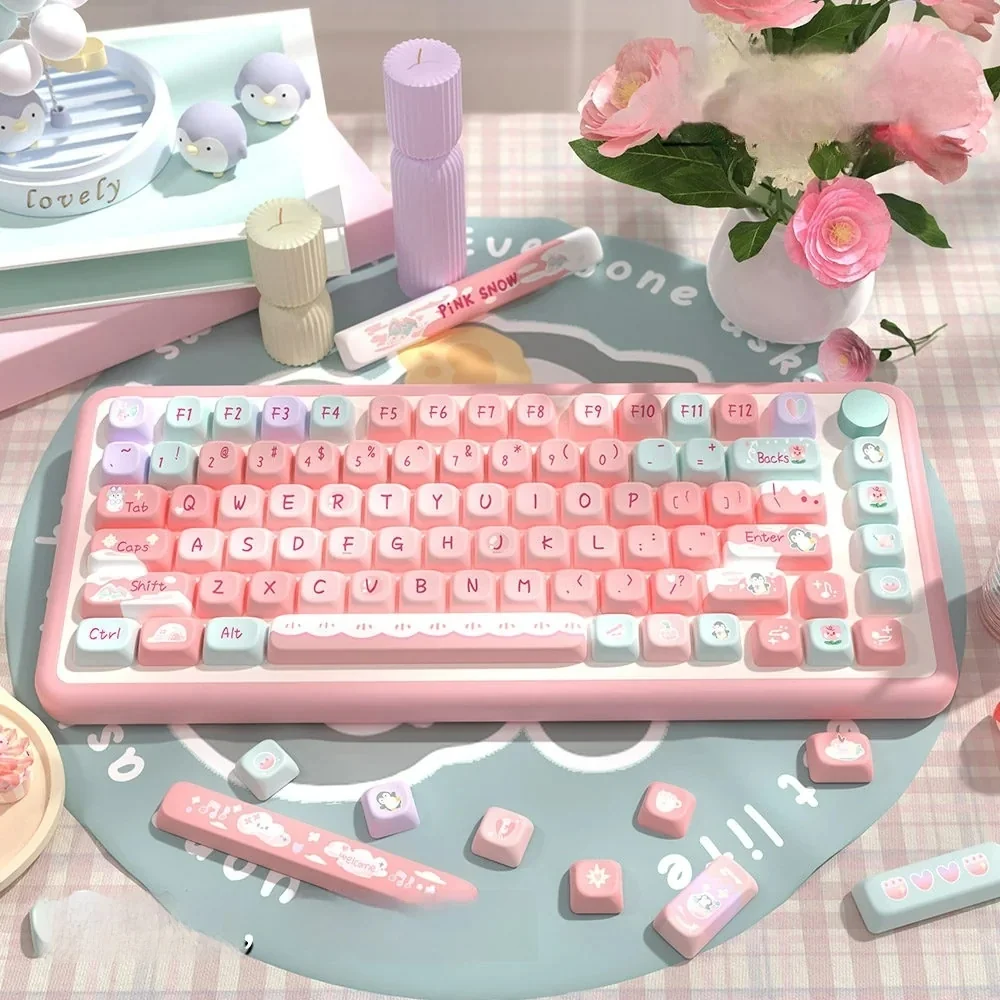Pink Glacier PBT Dye-Sub Keycap Set on a full-size mechanical keyboard, showcasing the ethereal pastel glacial theme.