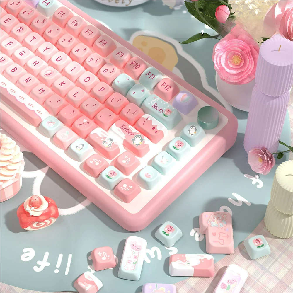Close-up of Pink Glacier SCA profile keycaps, highlighting the smooth PBT texture and crisp dye-sublimated legends.