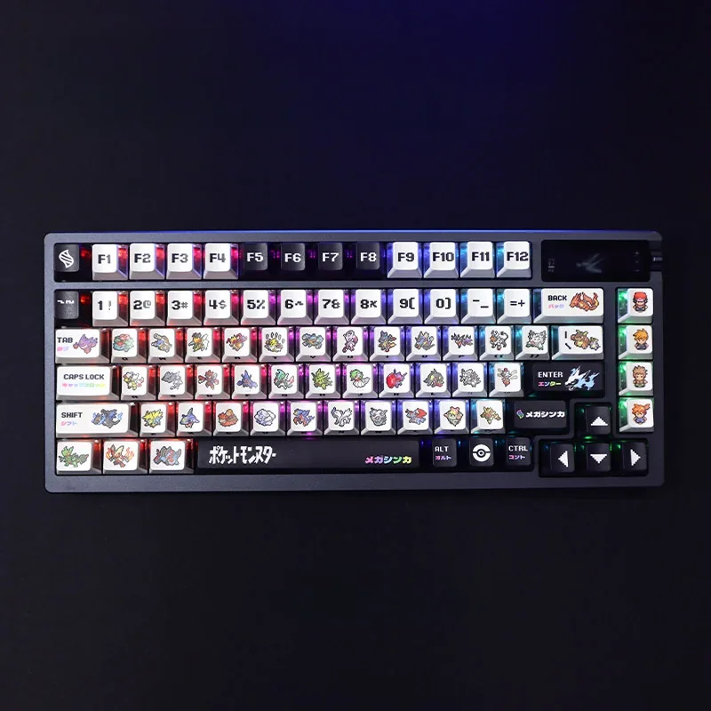 Pokemon Mega Pixel PBT Keycap Set with three-sided RGB translucency on a mechanical keyboard