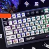 Close-up of Pokemon pixel art legends on translucent PBT keycaps showcasing RGB lighting