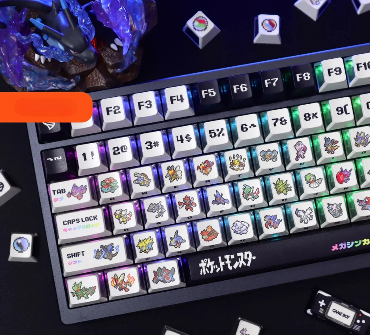 Close-up of Pokemon pixel art legends on translucent PBT keycaps showcasing RGB lighting