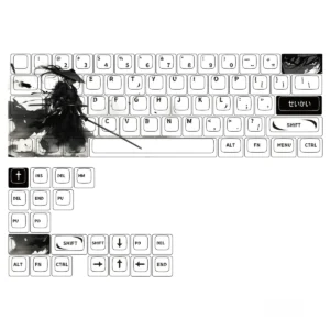 Qi Warrior PBT Dye-Sub Keycap Set on a mechanical keyboard, showcasing vibrant character art.