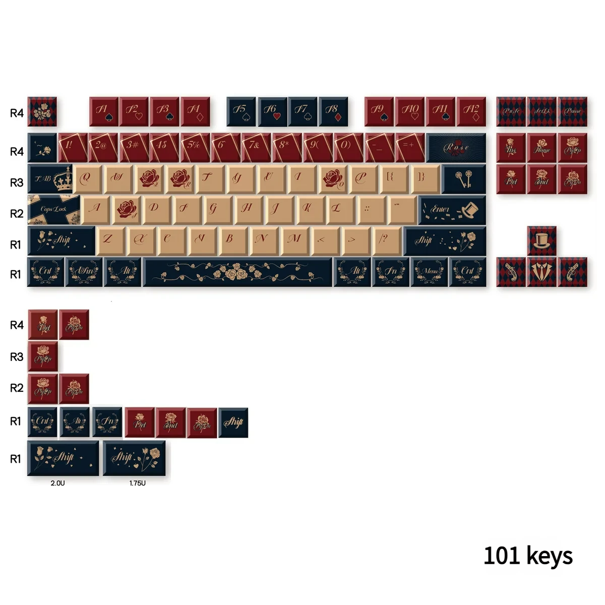 Detail view of poker card symbols on Red Poker keycaps