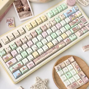 Angle view of Rilakkuma and Kaoru Rilakkuma Rilakkuma Keycap Set showing color layering and layout presence