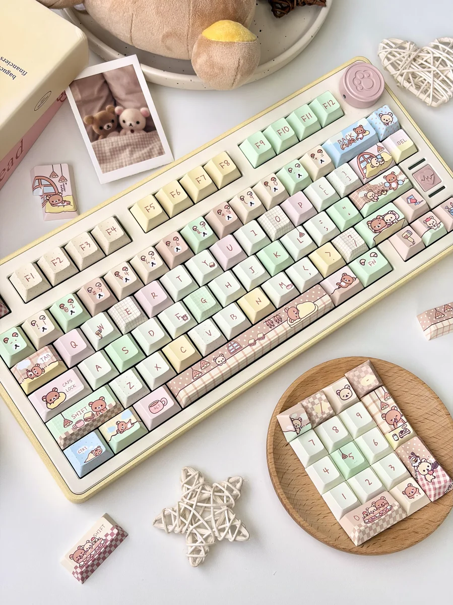 Angle view of Rilakkuma and Kaoru Rilakkuma Rilakkuma Keycap Set showing color layering and layout presence