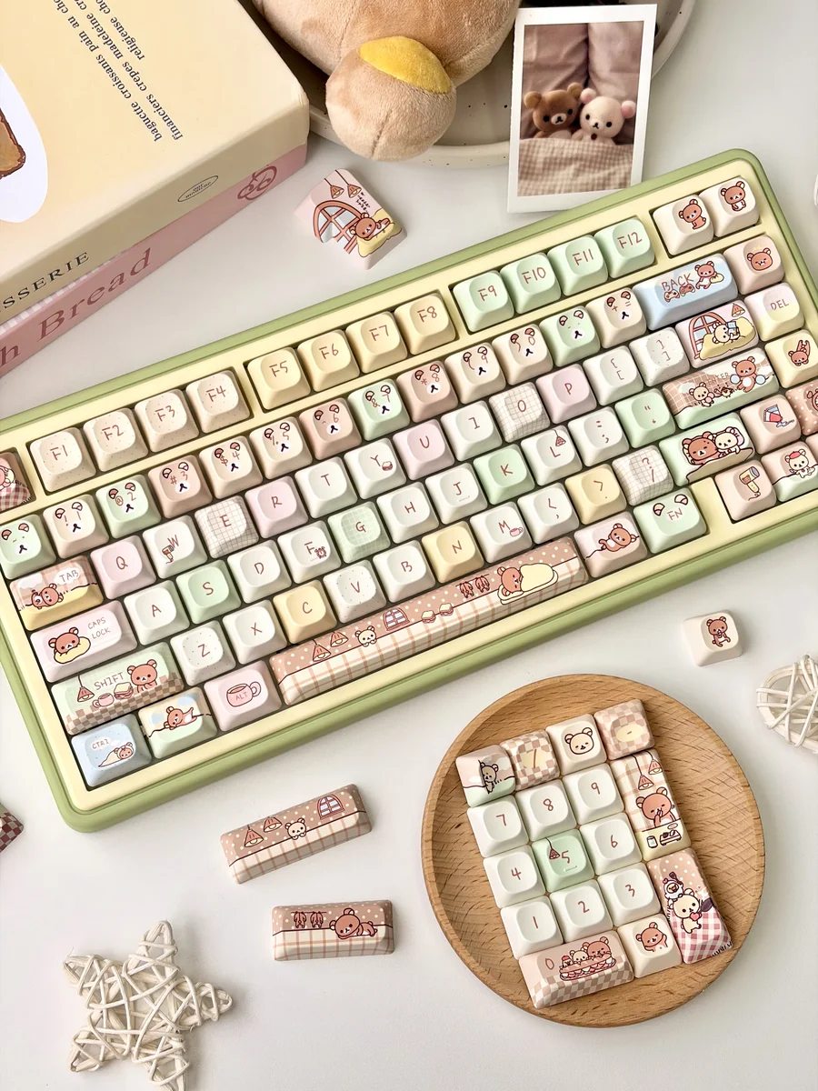 Side profile of Rilakkuma and Kaoru Rilakkuma Keycap Set, that Rilakkuma showing keycap set shape and fit