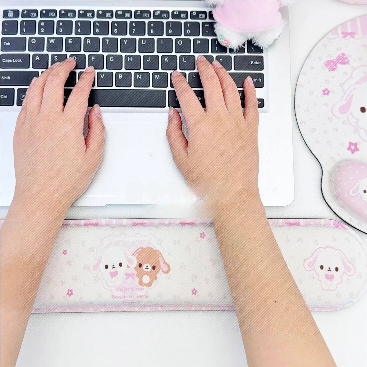 Lifestyle shot of Sugarbunnies Wrist Pad & Wrist Restwith cute bunny and dessert motifs on a desk setup