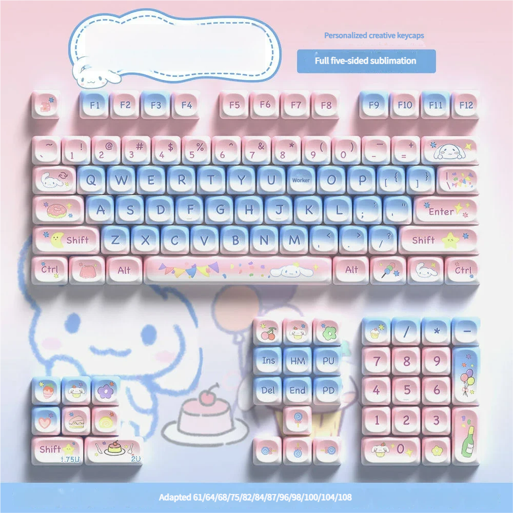 Close-up of Sweetheart Party MOA keycaps showing vibrant dye-sublimated legends and PBT texture.