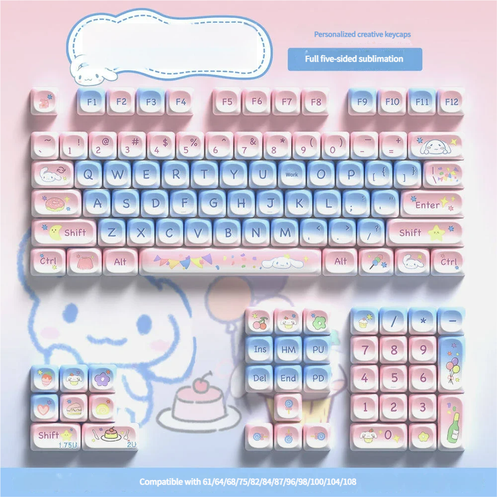 Full Sweetheart Party MOA PBT Keycap Set with whimsical dessert and character motifs on a mechanical keyboard.