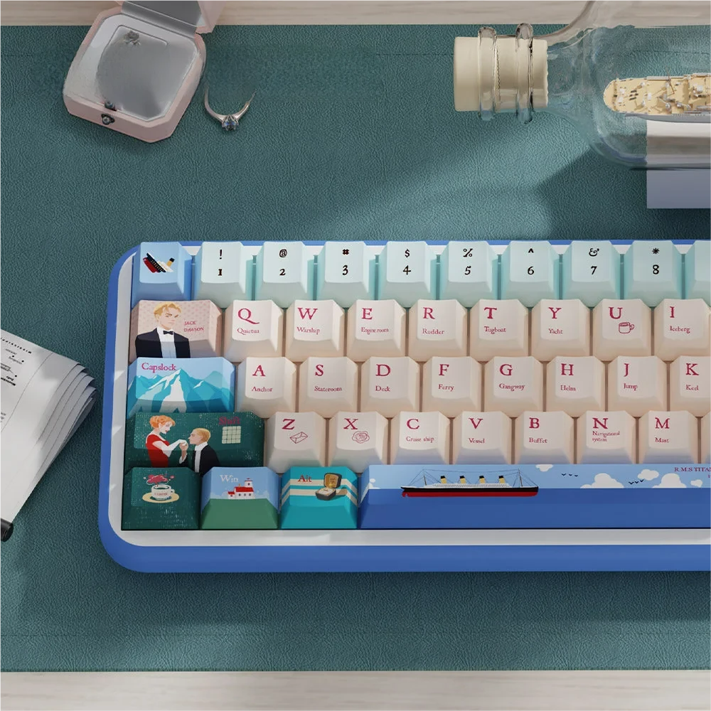 Side profile shot of Titanic Cherry Profile keycaps, demonstrating the ergonomic sculpting and height.