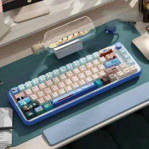 Full layout of Titanic PBT Keycap Set on a mechanical keyboard, showcasing deep blue and vintage white keys.